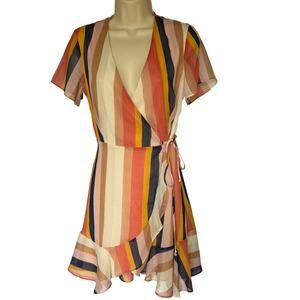 All In Favor Isabella Striped Wrap Mini Dress w/ Tie Thru - Colorful Summer - XS